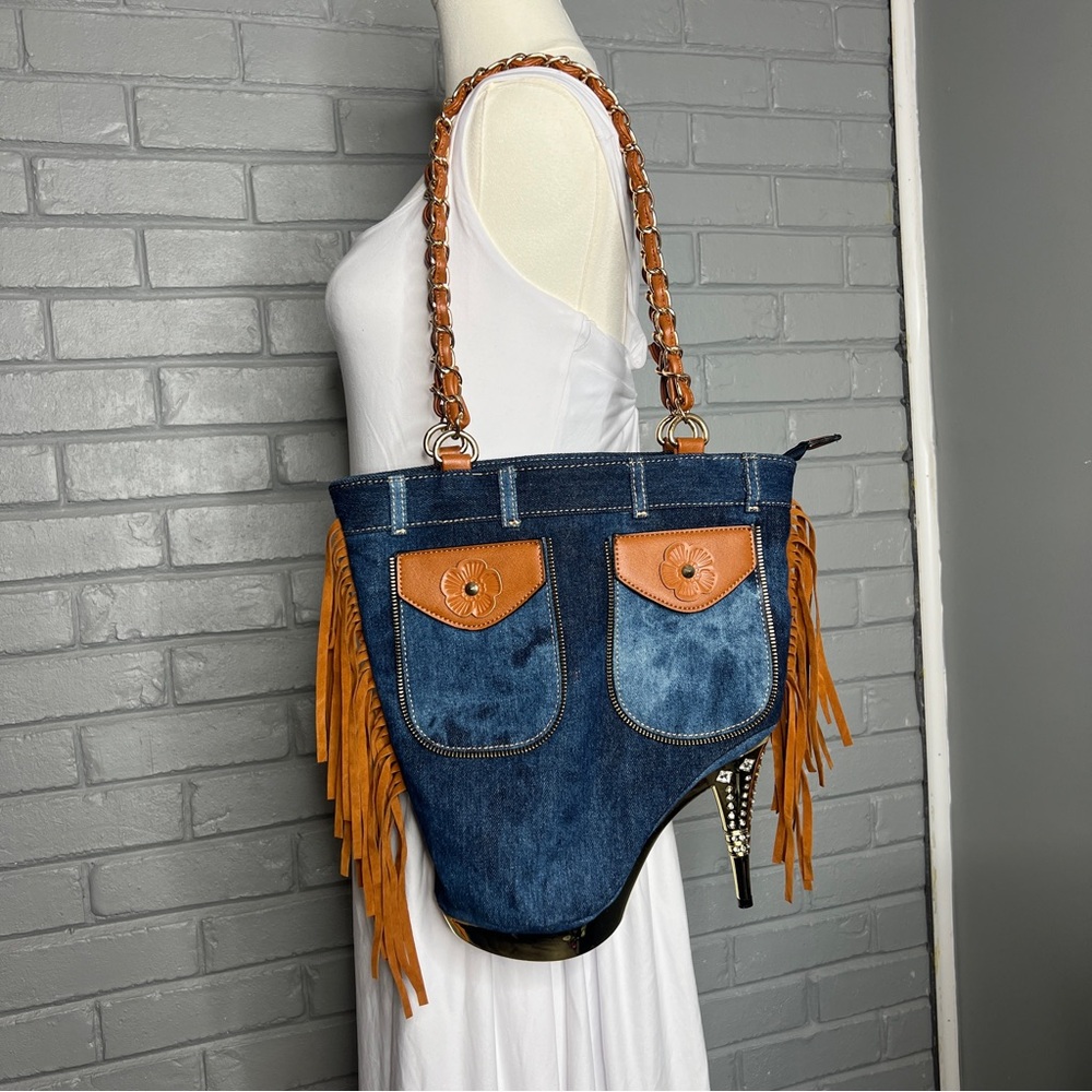 Denim & Fringe Stiletto Heel with Rhinestones Women's Handbag - Picture 1 of 16
